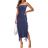 MEROKEETY Women's 2025 Strapless Bodycon Tube Midi Dress Sexy Floral Lace Ruffle Slit Wedding Guest Cocktail Party Dresses