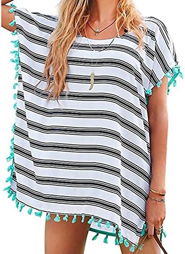 Summer Beach Cover Ups For Swimwear Women - Chiffon Swimsuit Cover-Ups With Tassels Bikinis Bathing Suit Dresses (Stripe)