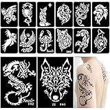 Xmasir 34 Pieces Airbrush Temporary Tattoo Stencils Kit for Men Arm Back Body Panit Reusable Glitter Tattoo Sticker 2 Large+32 Small Size
