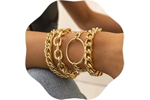 JWICOS Gold Chunky Chain Bracelet for Women Charm Boho Bracelet for Women Flat Cable Chunky Chain Bangle with Circle Set of 4