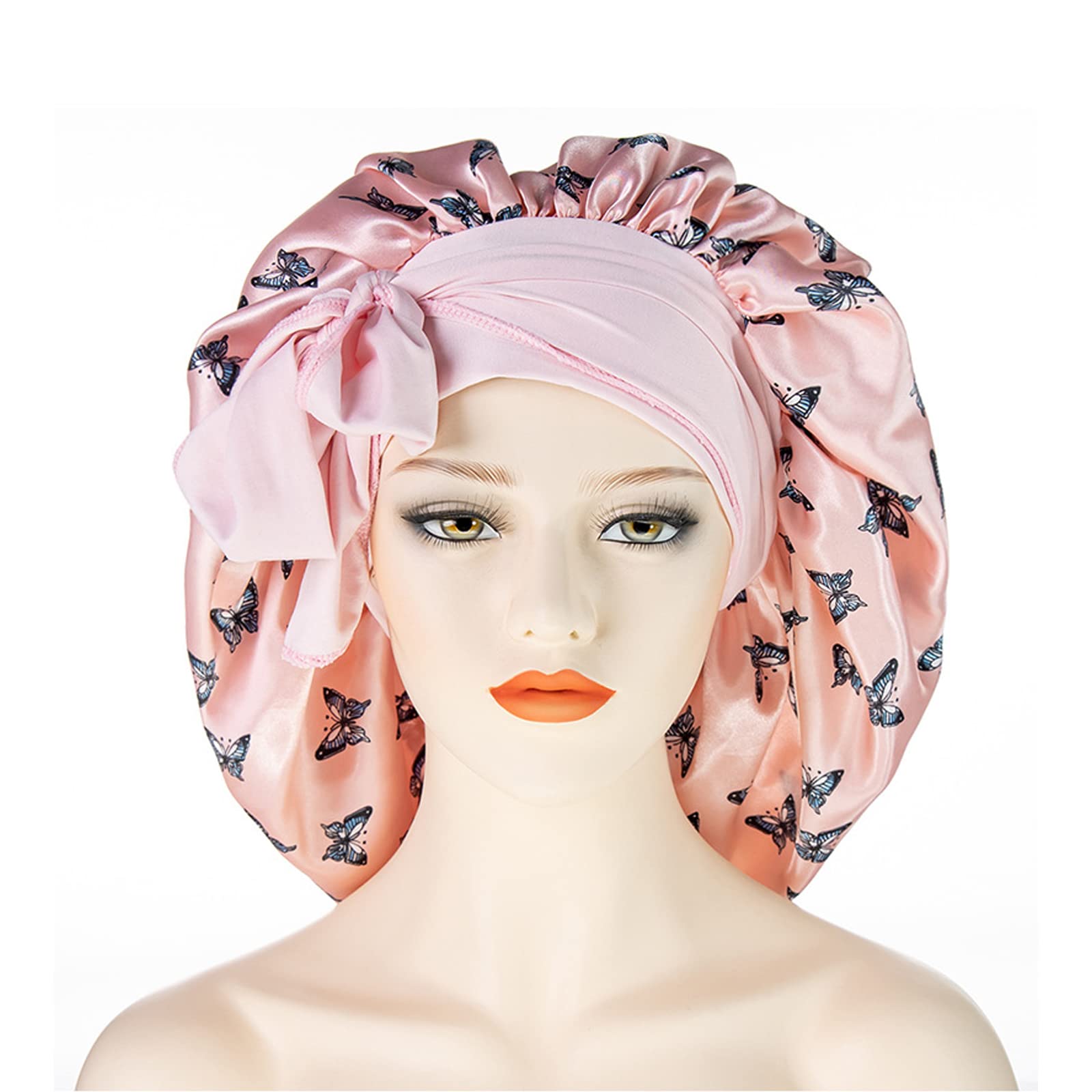 MUFEKUM Hair Bonnet for Sleeping, Printing Satin Bonnet with Stretchy Tie Band Edge Wrap, Wide Band Silk Bonnet Large Night Sleep Cap for Women Girls Hair Care and Sleep (Pink), 1.0 count