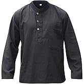 Shopoholic Fashion Men’s Plain Hemp Cotton Long Sleeve Boho Festival Hippie Grand Dad Shirt