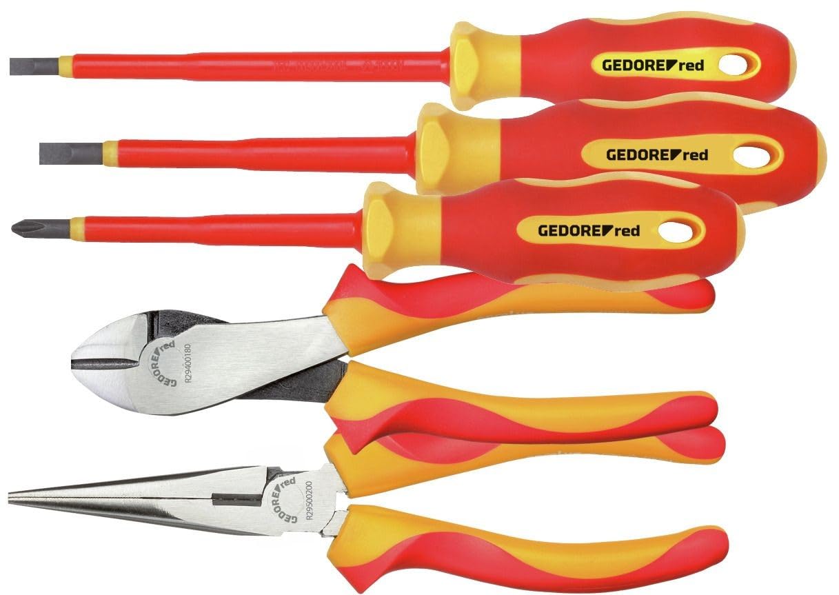 Gedore Red VDE 5-Piece Slotted Screwdriver 3 & 5.5 mm Phillips PH 2 VDE Side Cutters 180 mm VDE Flat Nose Pliers 200 mm