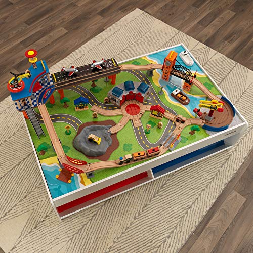 KidKraft Railway Express Wooden Train Set & Table with 79 Pieces and