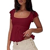 Cioatin Women Cute Y2K Lace Flowy Peplum Babydoll Tops Cap Sleeve Square Neck Tie Up Ruffle Lettuce Tank Crop Shirt Going Out