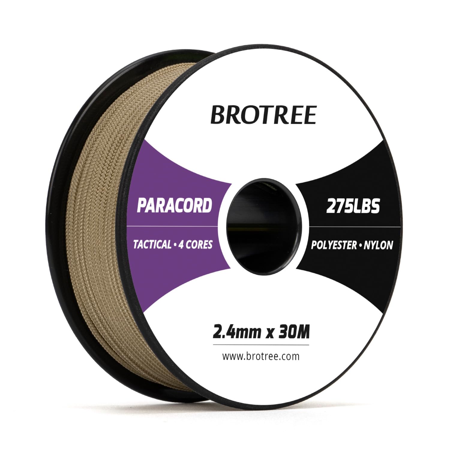 Brotree 275 Paracord 2.4mm Tactical Cord 30M Nylon Rope 4 Strands Parachute Cord for Outdoor, Craft, DIY - 125kg Breaking Load (Tan)