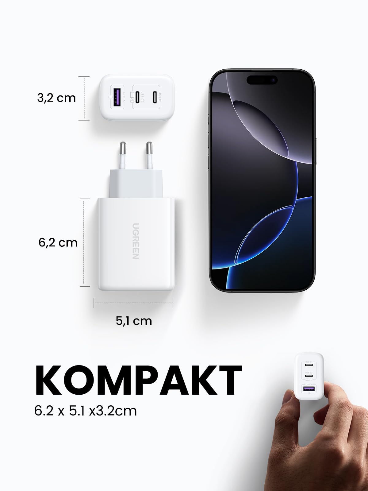 UGREEN USB C Ladegerät 65W PD Netzteil 3-Port Charger Adapter PPS 45W Schnellladegerät kompatibel mit MacBook Pro/Air, iPad, iPhone 17/16/15/14, Galaxy S25 Ultra, Pixel, Steam Deck (Weiß) 4