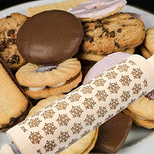 17" Christmas Wooden Rolling Pins, Embossing Thin Crust Rolling Pin with Christmas Tree Deer Pattern for Baking Kitchen Tool (snowflake)