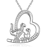 POPKIMI Christmas Gifts Dinosaur Necklace for Women Sterling Silver Crystal Dinosaur Jewelry