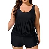 COCOPEAR Plus Size Tankinis Two-Piece Tankini Swimsuit for Women Boy Shorts Swimsuits Tummy Control Blouson Conservative