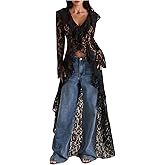 MakeMeChic Women's Floral Lace Tops Tie V Neck Blouse Long Sleeve Ruffle High Low Elegant Shirt