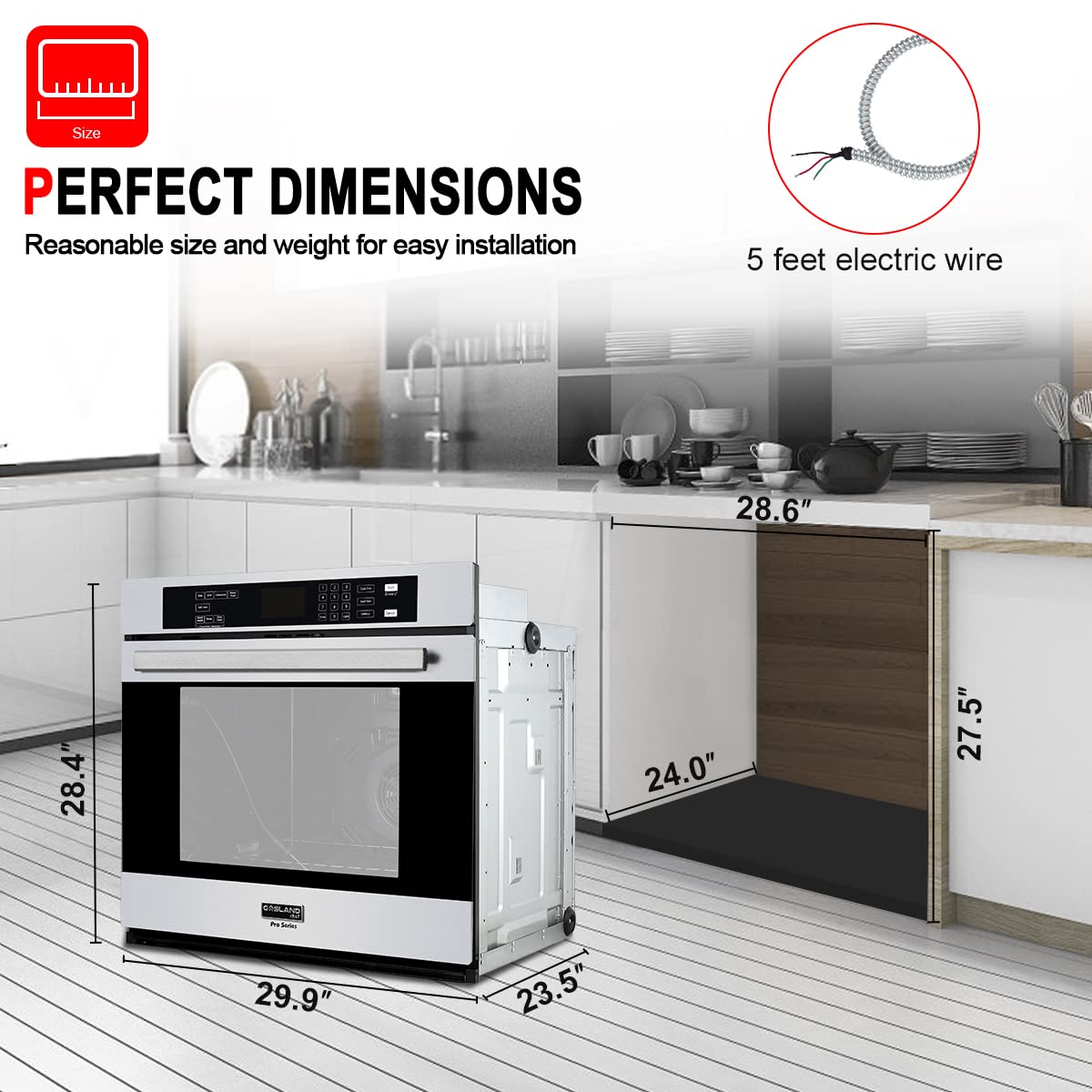Electric Wall Oven, GASLAND Pro ES710TS Professional Built-in Oven 30 Inch 10 Functions, 5.0 Cu.Ft. Convection, Self-cleaning, Air Fry, Temperature Probe Included, 240V Hardwire, Stainless Steel
