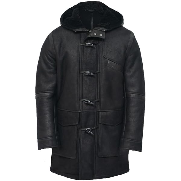 Mens Black Sheepskin Leather Hooded Duffle Coat at Amazon Men's