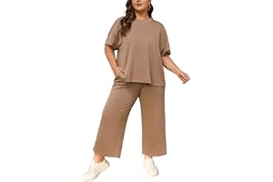GINKANA Plus Size Womens 2 Piece Outfits Lounge Sets Short Sleeve Top and Wide Leg Cropped Pants with Pockets Tracksuit