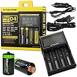 Nitecore D4 smart Charger 2015 version with LCD Display with 12V DC Cable & 2X EdisonBright AA to D Battery Converter Spacers