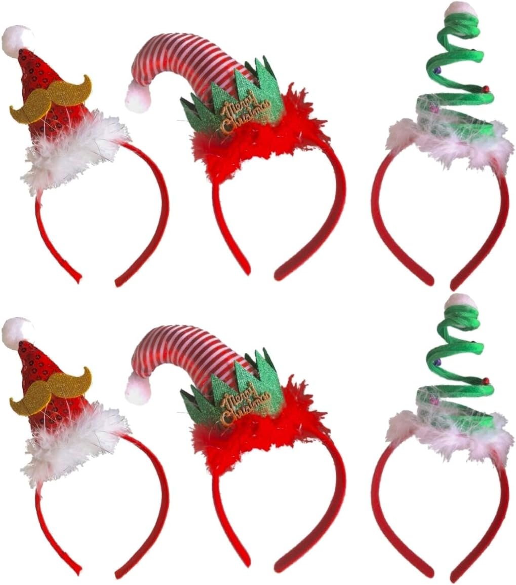Partay Shenanigans Christmas Headbands - 6 Pack 3 Assorted Designs Christmas Tree, Elf, and Santa Hat - Perfect for Christmas Costume Party