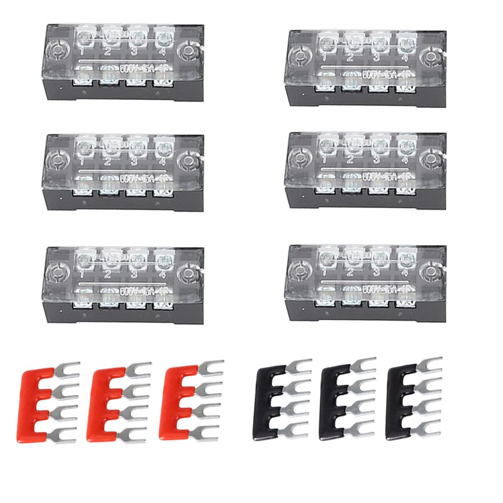 Ruidee 12pcs (6 Set) Terminal Block 4 Positions Dual Rows Covered Screw Terminal Block 600V 15A + 6Pcs 4 Positions Pre-Insulated Fork Terminal Barrier Strip Red/Black 400V 15A TB-U1504 (1504) — image 1