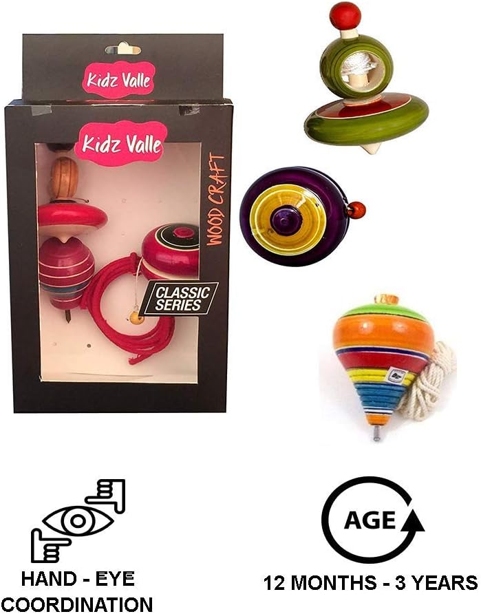 Classic Indian Wooden Toys Assorted Wooden Toys , Rope Top, Wing Top, Yo Yo - Age 3+ Years