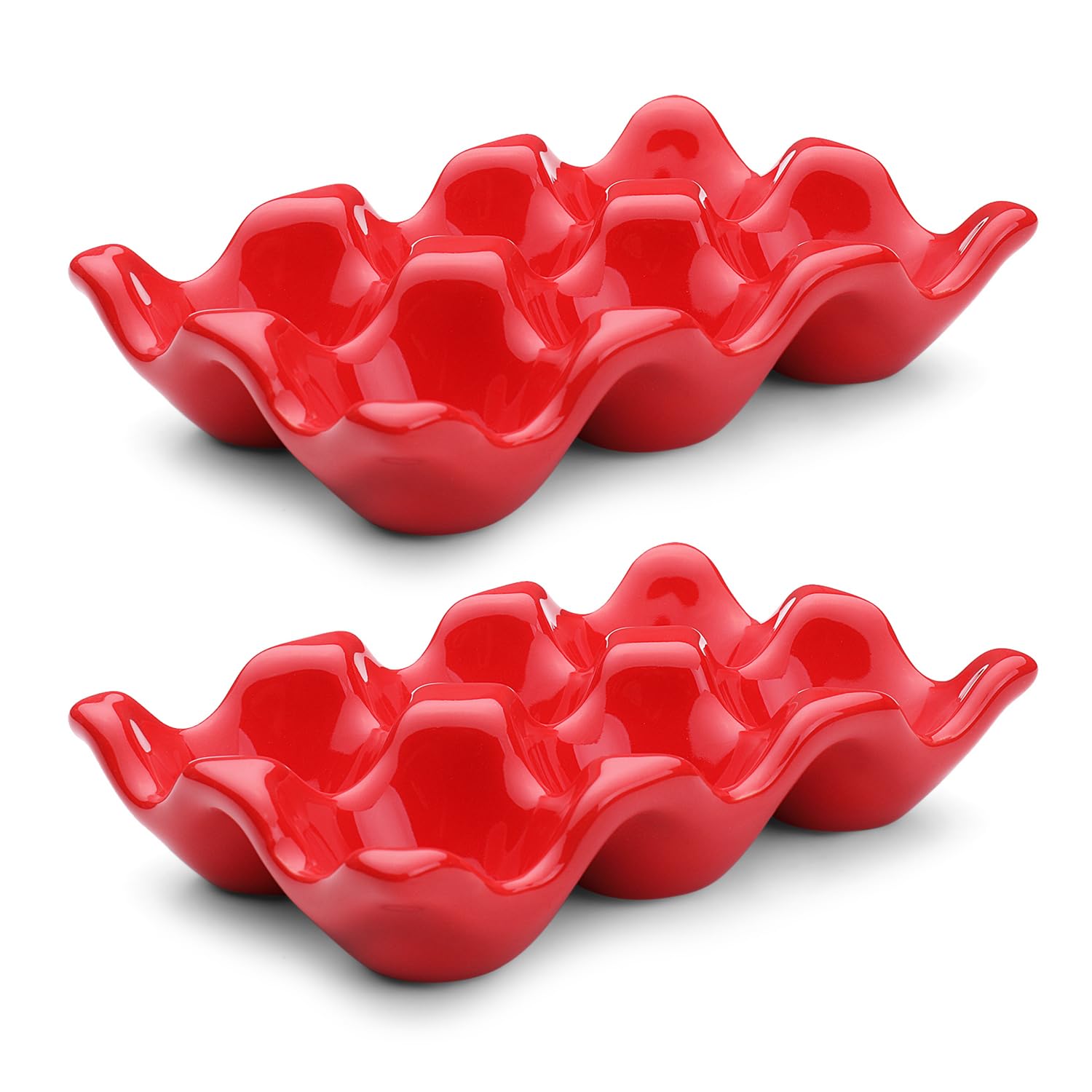 Flexzion Ceramic Egg Tray - 6 Egg Capacity Half Dozen Holder, Red Decorative Serving Dish and Storage Organizer, 2 Pack
