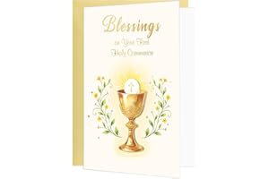 DISJOURNEY First Communion Card Catholic with 3D Chalice - Gold Foil Floral Design for Boys Girls, 300GSM Thick Cardstock Hol