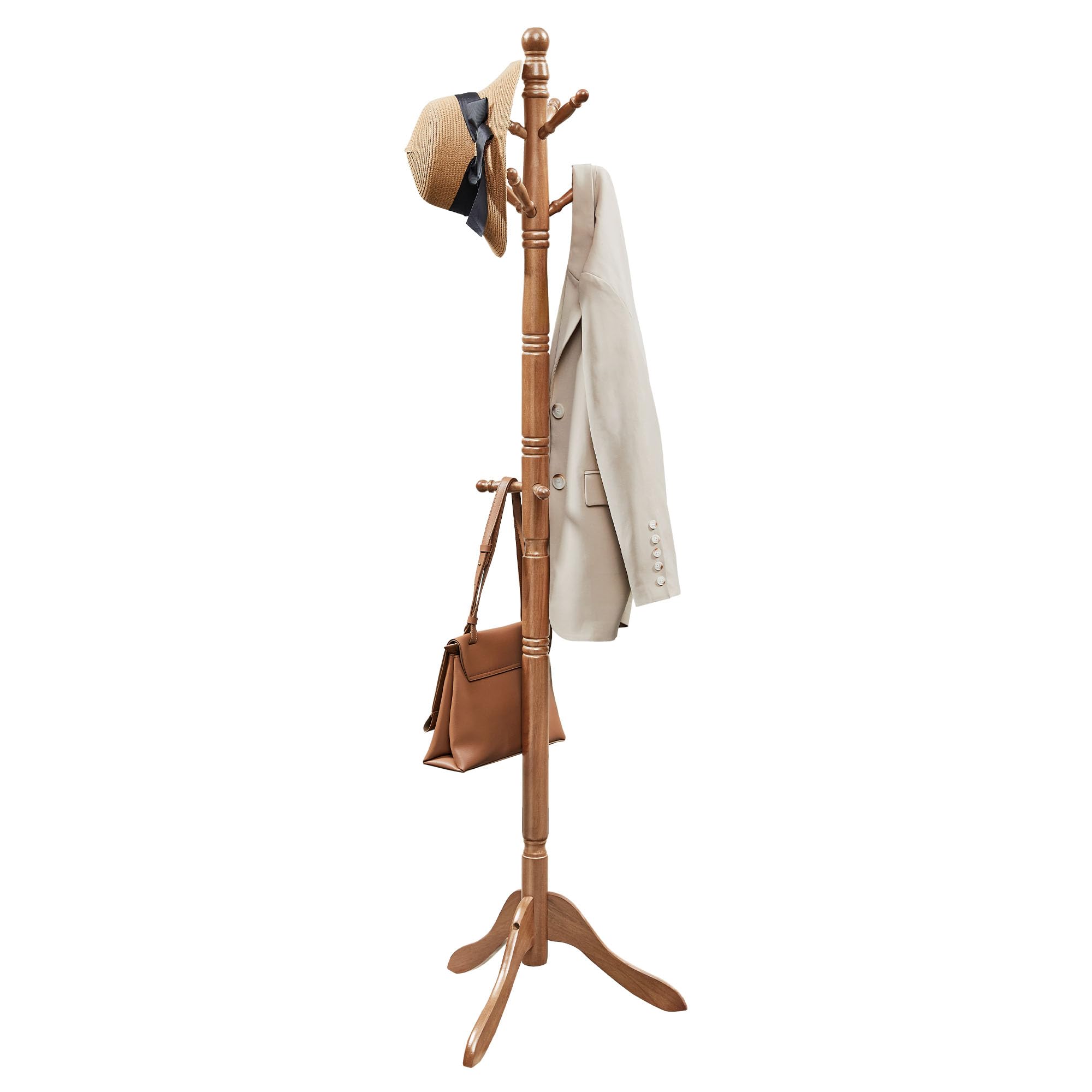 VASAGLE Solid Wood Coat Rack and Stand, Free Standing Hall Coat Tree with 10 Hooks for Hats, Bags, Purses, for Entryway, Hallway, Rubberwood, Caramel Brown URCR03WN Image