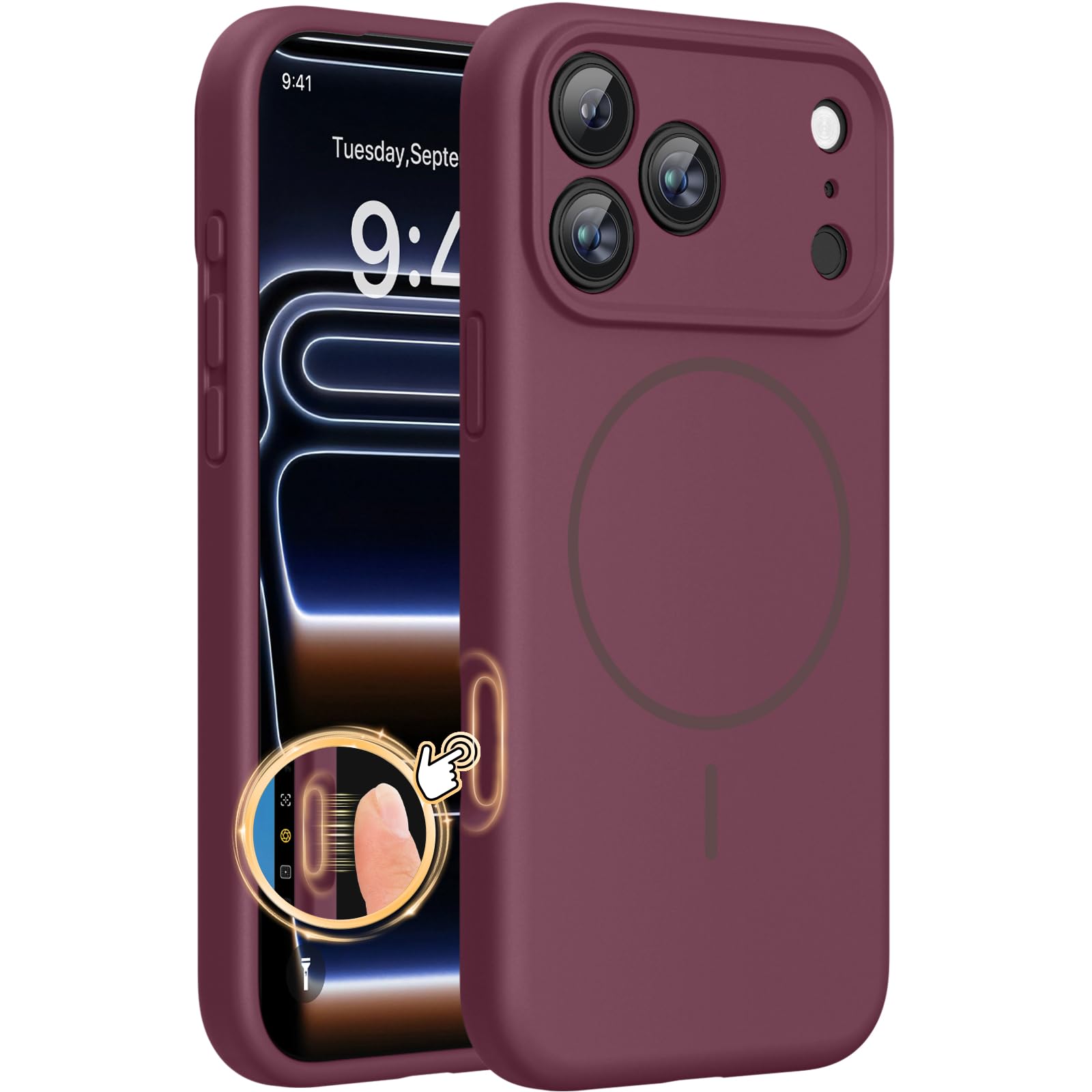 Photo 1 of Miracase Magnetic for iPhone 17 Pro Max Case, Compatible with MagSafe, Integrated Silicone Camera Control Cover, 3.0mm Thicken Shockproof Drop Protection Phone Case for 17 ProMax, Wine Red