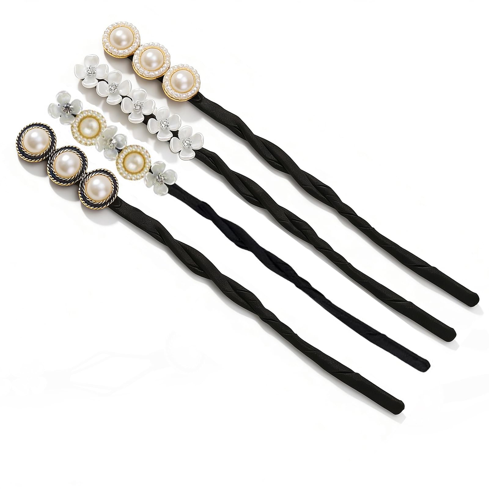 Happyupcity 4PCS Women Magic Hair Bun Maker with Peal and Flower Ponytail Buns Shaper Former Donut Holder Hair Twist Curler Hair Accessory Hair Styling Tool