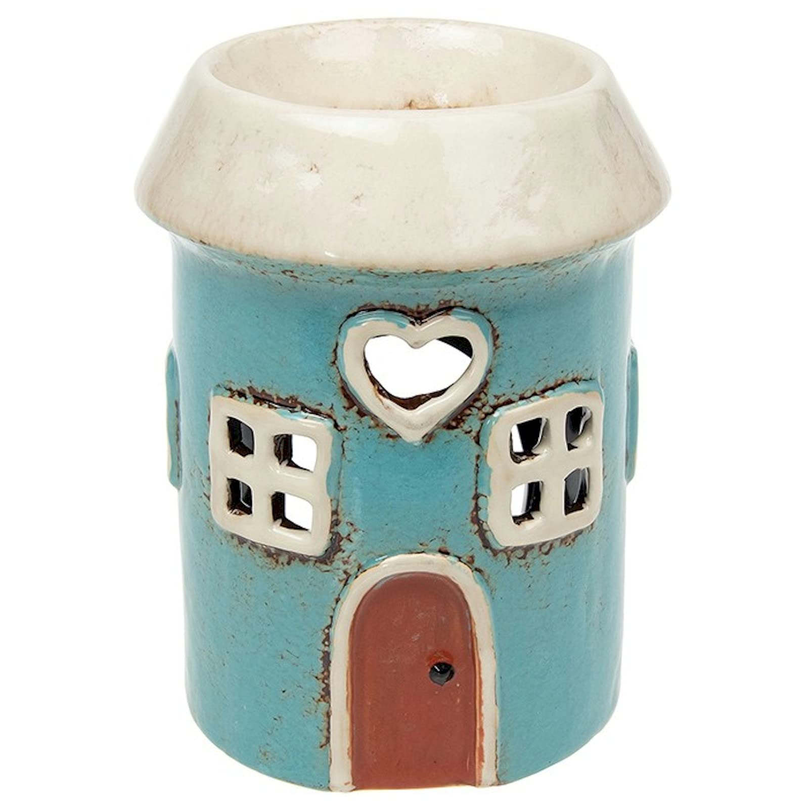 Shudehill Giftware Village Pottery Round Blue House Ceramic Tealight Holder and Warmer for Wax Melts and Oil
