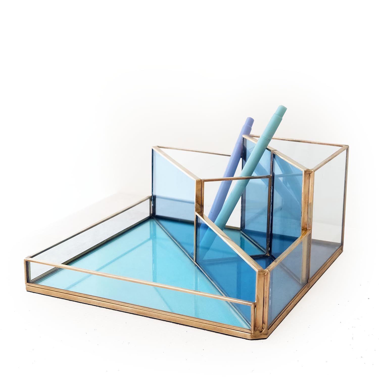 FONDAZZA 4-Compartment Decorative Desk Organiser for Home Office Supplies, Gold Brass with Blue Tinted Glass, Blue Fabric underneath, Storage for Stationery, Cosmetic and Brush