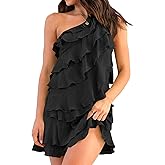 Nsbonu Womens 2025 Summer Sleeveless Mini Dress Backeless Solid Color One Shoulder Ruffle Tiered Layered A Line Sun Dresses