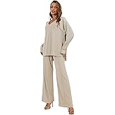 Mushan Women's 2 Piece Lounge Set V Neck Casual Ribbed Knit Pajama Set Wide leg pants Pajama Set
