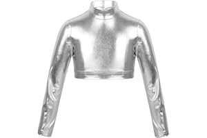 Moily Big Girls Metallic High Turtle Neck Crop Top for Gymnastics/Dance/Workout Cami Tee Performance