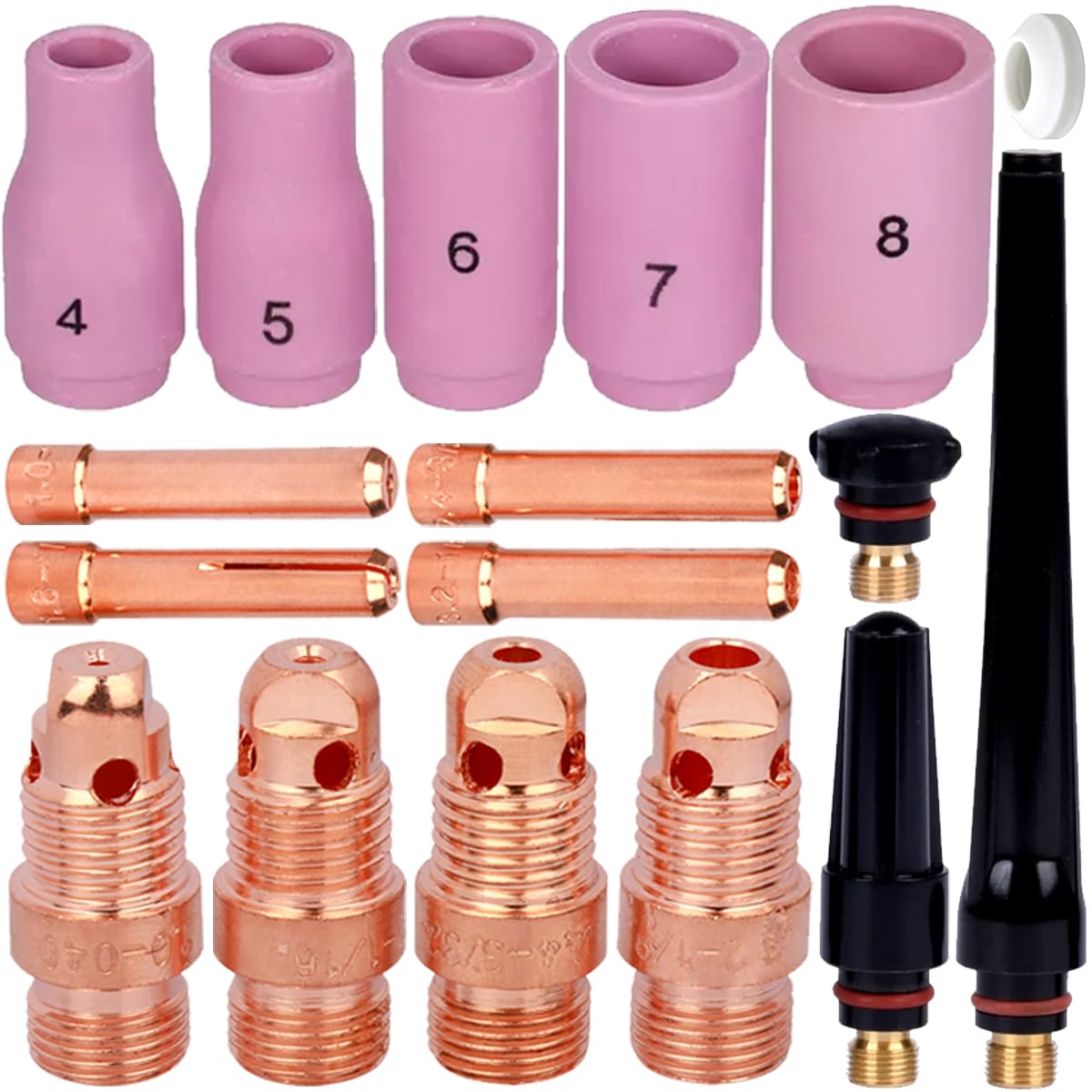 EATBALE for TIG Welding Alumina Nozzle Consumables Collet Bodies (1.0-3.2mm) 57Y02 57Y03 57Y04 Back Cups Gasket Collects (1.0-3.2mm) #4~8 Alumina Ceramic Cup for WP-17/18/26 Welder Torch Kit (17 Pcs)