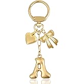 ANHBKAR Gold Bubble Letter Keychain with Heart and Bow, Round Clasp Initial Bag Charm, Personalized Gift for Women Girls