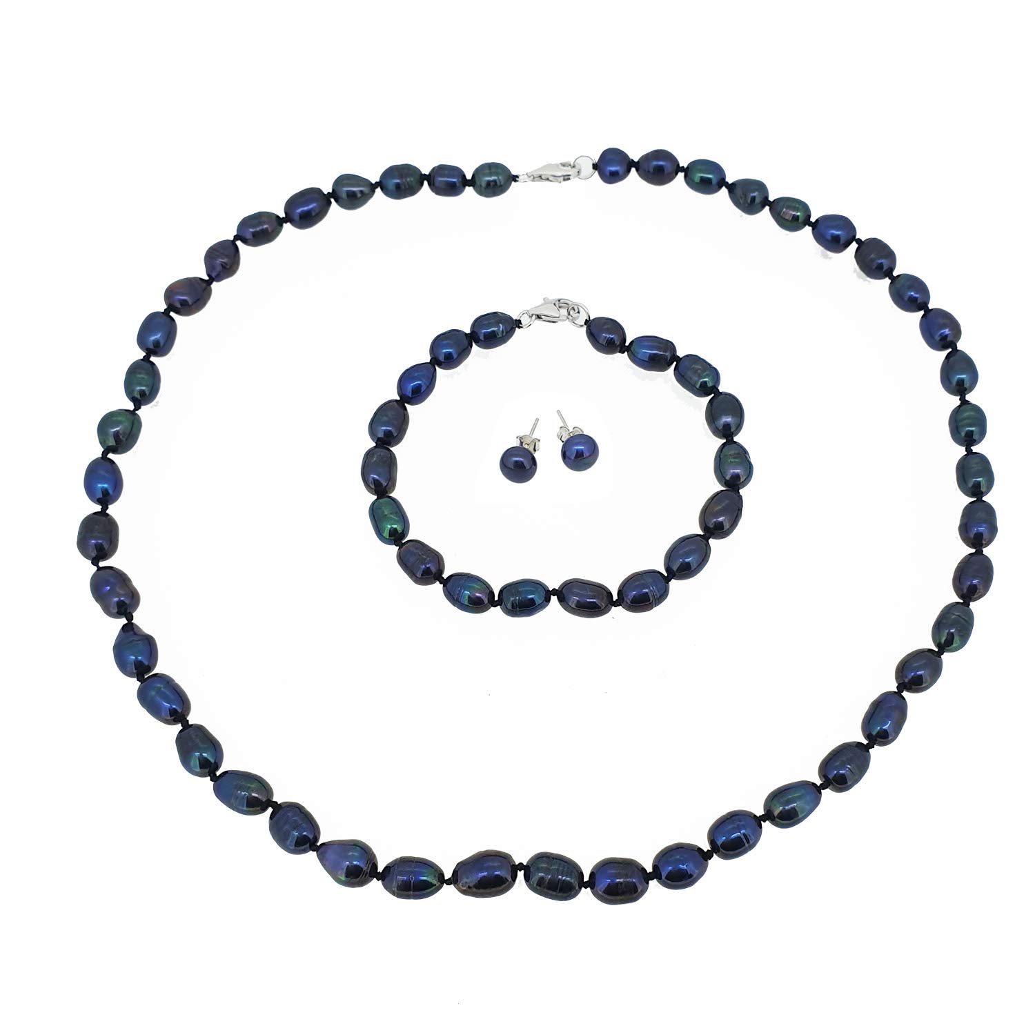 Treasure Bay 6-7mm Black Natural Freshwater Pearls Necklace, Bracelet and Earrings Set