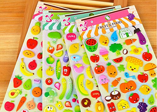 4 Sheets Cute Lovely Puffy DIY Decorative Adhesive Sticker Tape / Kids Craft Scrapbooking Sticker Set for Diary, Album (vegetables+Fruits)