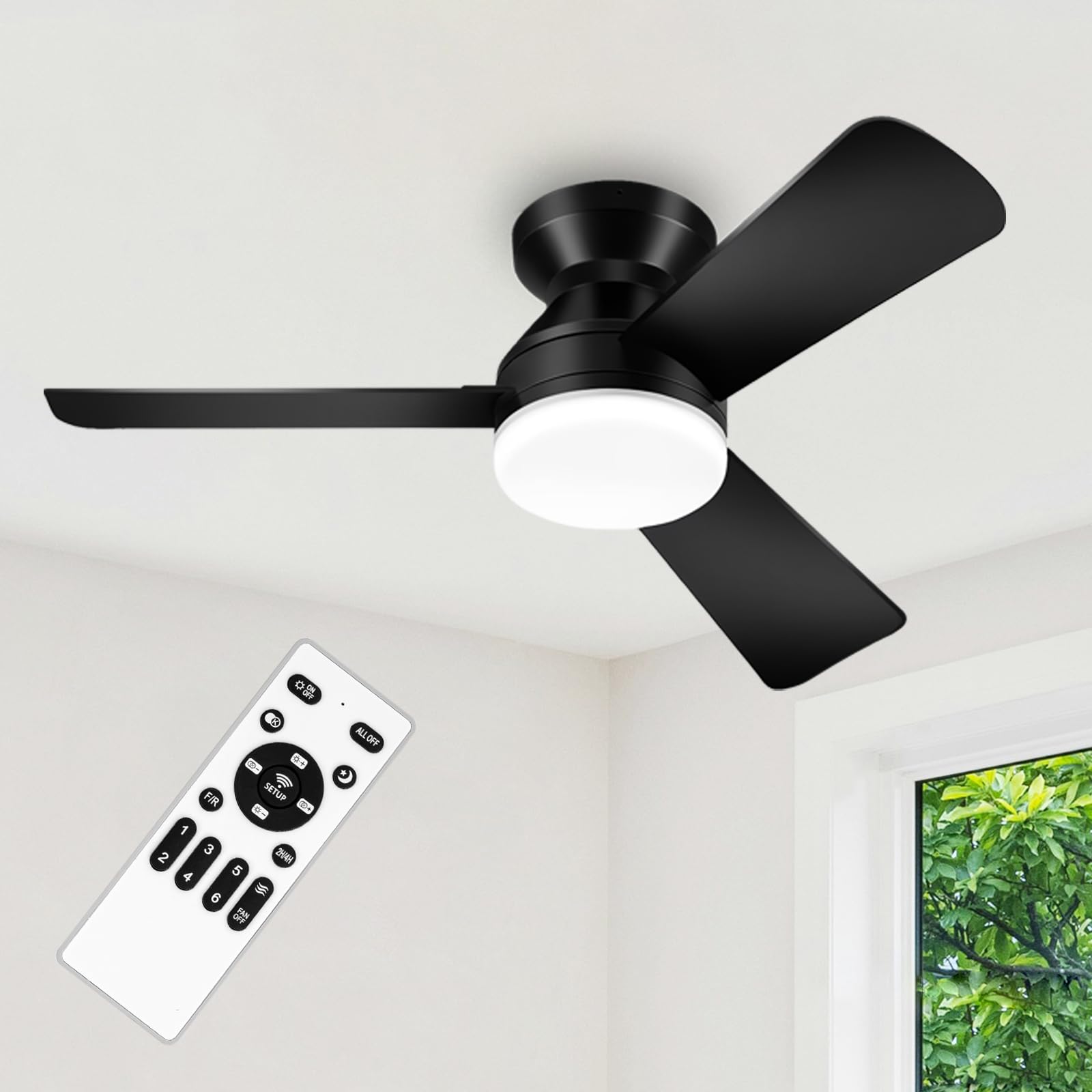 Photo 1 of ZOUQILAI 35" Black Ceiling Fans with Lights and Remote, Low Profile Ceiling Fan with Light, Reversible DC Motors, 3CCT Dimmable Timer Noiseless, Flush Mount Ceiling Fan for Bedroom/Living Room