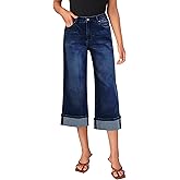 LookbookStore Capris Jeans for Women Wide Leg High Waisted Casual Summer Roll Hem Cropped Stretch Denim Jean Capri Pants