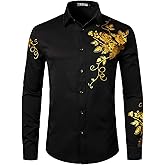 ZEROYAA Mens Hipster Printed Slim Fit Long Sleeve Button Up Party Dress Shirts