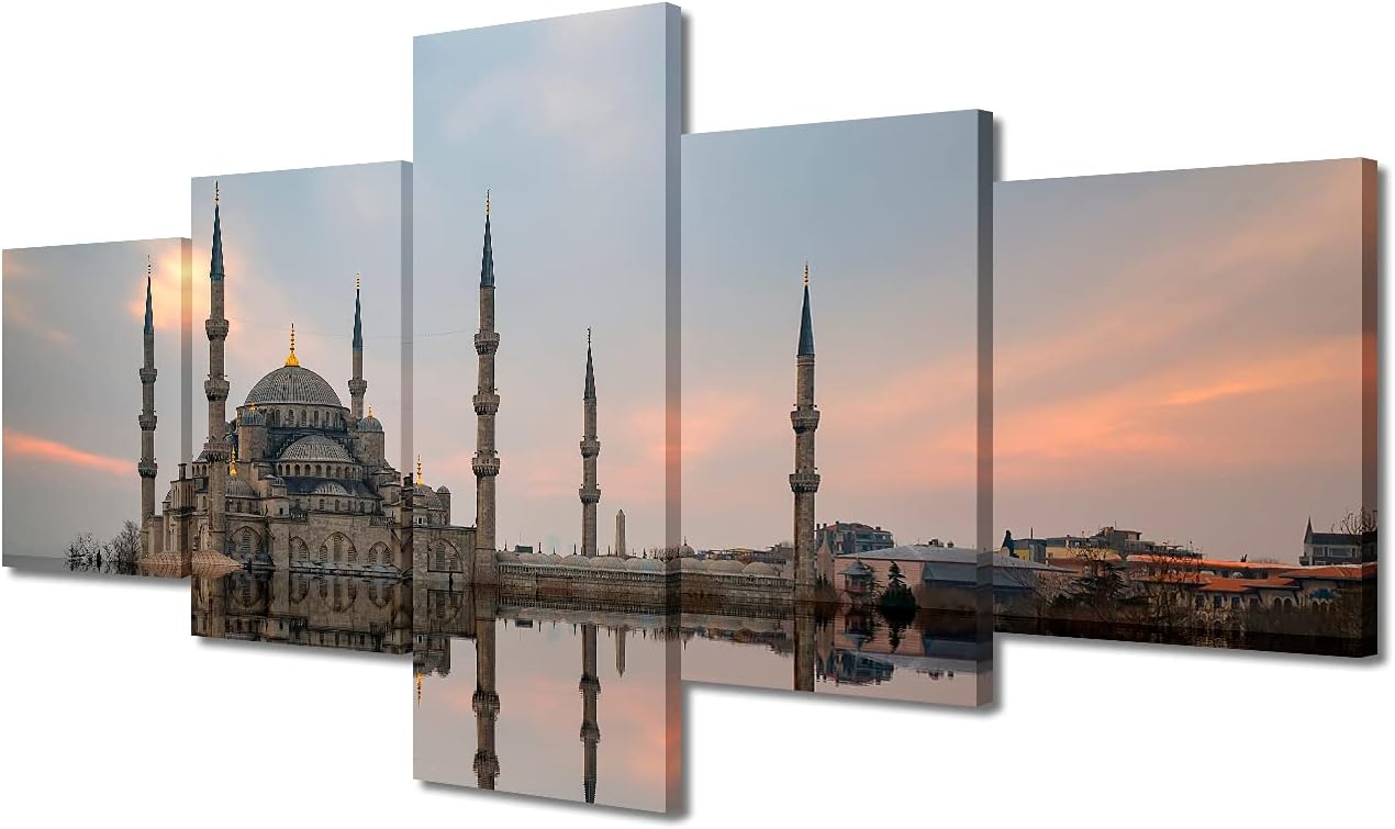 Paintings - Bedroom Decor Wall Art Blue Mosque Painted Wall Paintings 5 Piece Wall Decoration for Living Room Decor Islamic Landmarks in Turkey Wall Pictures Stretched and Framed Ready to Hang (50''Wx 24''H)
