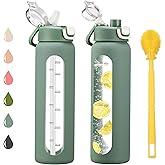 chunmo 32 oz Glass Water Bottles with 2 Lids-Handle Spout Lid & Straw Lid, 1 Liter Motivational Borosilicate Water Bottle with Time Marker and Silicone Sleeve,Leakproof-Olive-1 Pack