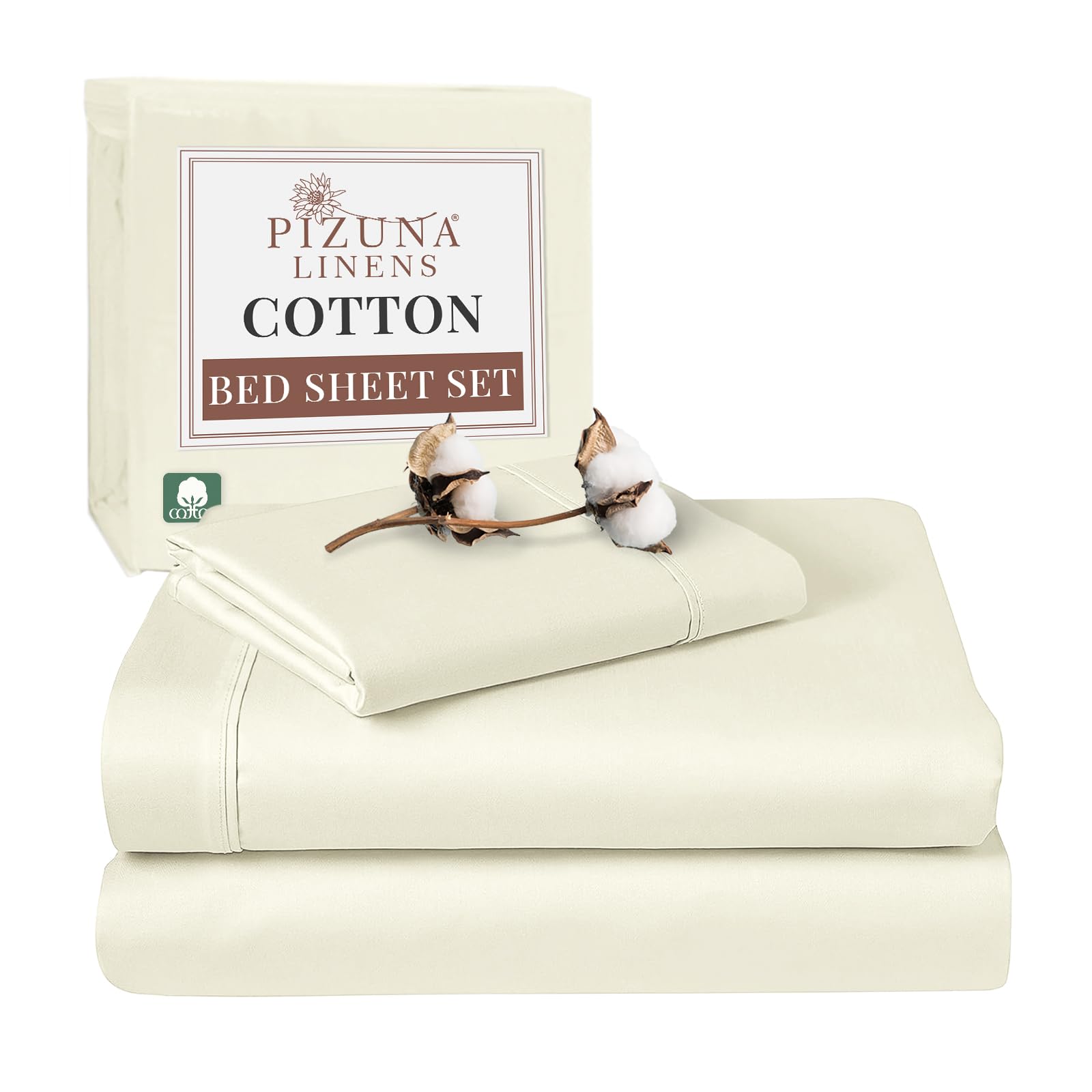 Pizuna 100% Cotton Single Bed Sheet Set Off White, 400 Thead Count Long Staple Cotton Bedding Set 180x280 cm, Soft Sateen 3 PC Single Bed Sheet Set - Fitted Sheet, Flat Sheet & 1 Pillowcase