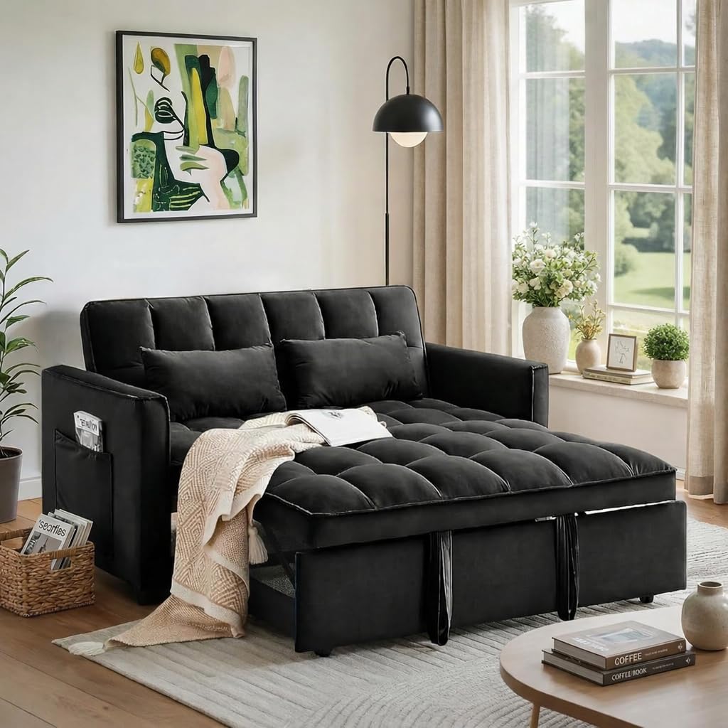 Photo 1 of *** BOX B ONLY***Trygoal Pull Out Couch, Pull Out Sofa Bed with Adjustable Backrest, 3 in 1 Velvet Fabric Loveseat Sleeper Sofa Bed Couch with Side Pockets for Living Room, Bedroom, Apartment, Black