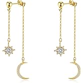 Watforsh Moon and Star Dangle Earrings for Women Chain Tassel with Cubic Zirconia Drop Celestial Jewelry for Wedding Gift