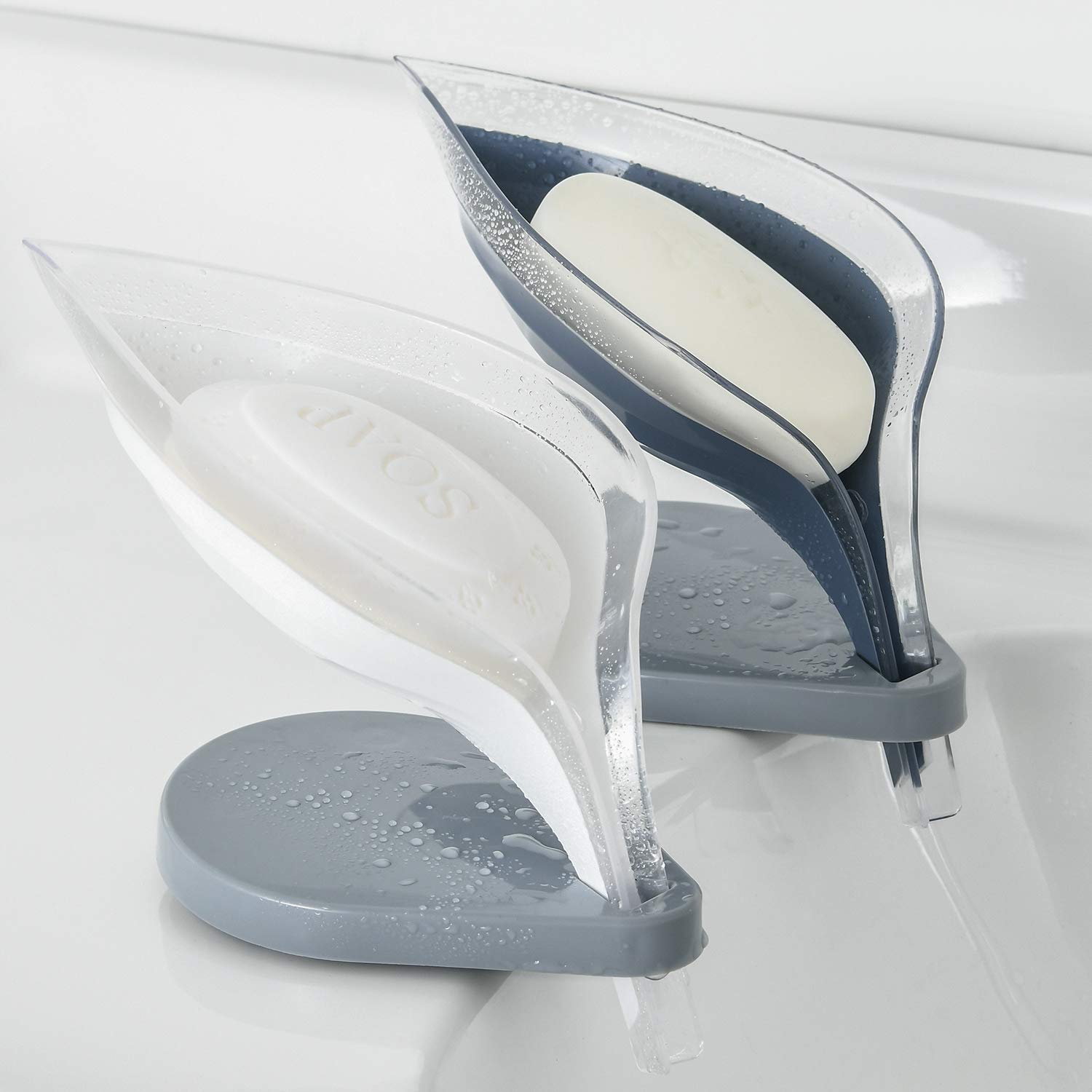 100% Self Draining Bar Soap Holder by SUBEKYU, Leaf Soap Dish for Shower/Bathroom, Waterfall Drain Soap Saver, Set of 2, Plastic, Gray Blue + White