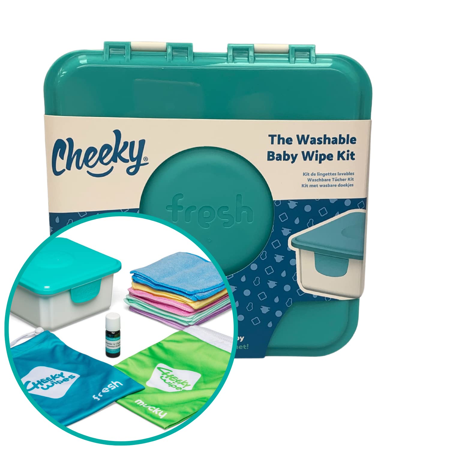 Cheeky Wipes Reusable Hands & Face Kit – 25 Washable Rainbow Baby Wipes, Fresh Wipes Storage Container, Travel Bags, Includes Fresh Essential Oil