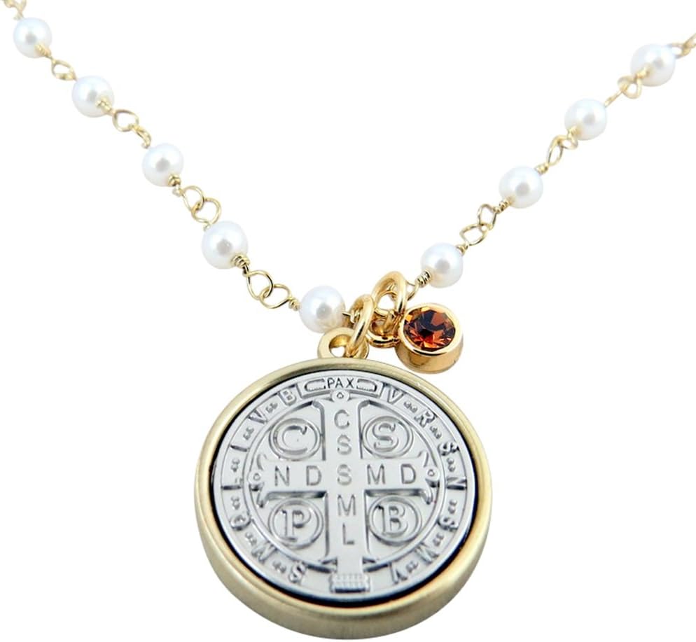 Vintage Blessings Gold and Silver Toned Base Saint Benedict Medal Necklace, 3/4 Inch
