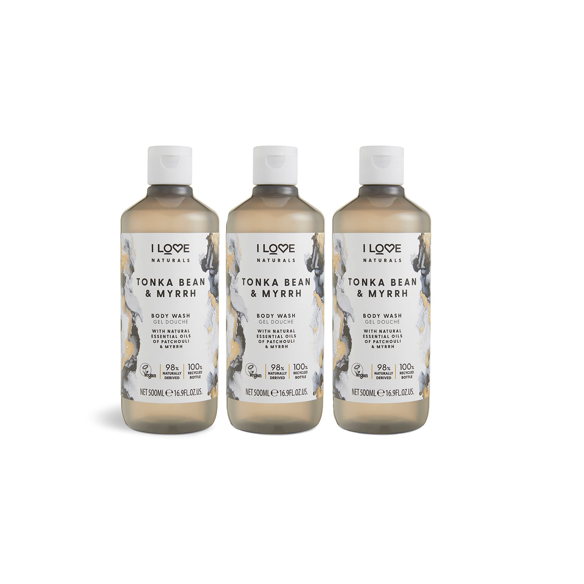 I LOVE Naturals Tonka Bean & Myrrh Nourishing Body Wash - Patchouli & Myrrh Oils, Gentle Cleanser with Essential Oils, Vegan, Moisturising & Scented for Silky Smooth Skin 3 x 500ml