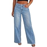 Eytino Women's Plus Size Wide Leg Jeans Elastic High Waist Stretchy Raw Hem Denim Pants with Pockets(1X-5X)
