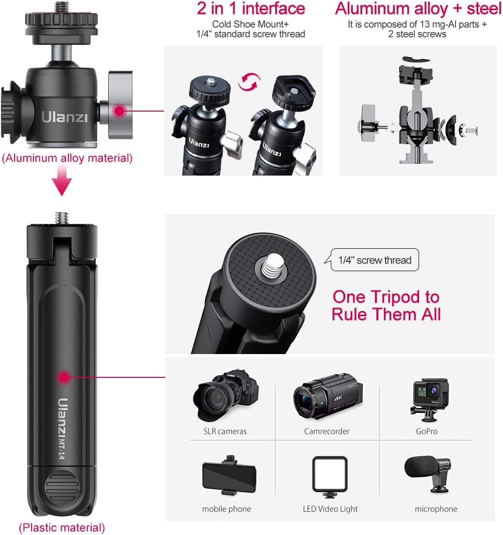 Mini Tripod PICTRON MT-14 Mini Camera Tripod with 360° Ball Head & Cold Shoe, Extendable Small Selfie Stick Tabletop Tripod for Camera iPhone Android Projector Monopod Webcam DSLR Gopro : Camera & Photo